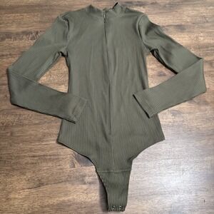 ABERCROMBIE & FITCH Long Sleeve Zip Up Ribbed Bodysuit Olive Green Small A&F